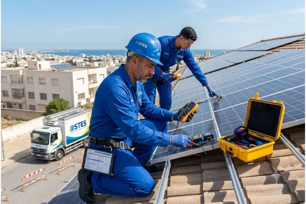 Techniciens STES effectuant un diagnostic technique sur des panneaux solaires en Tunisie